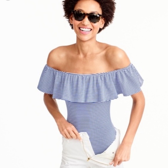 J. Crew off the shoulder ruffle bodysuit Blue and white striped - XS - NWT - Picture 3 of 8
